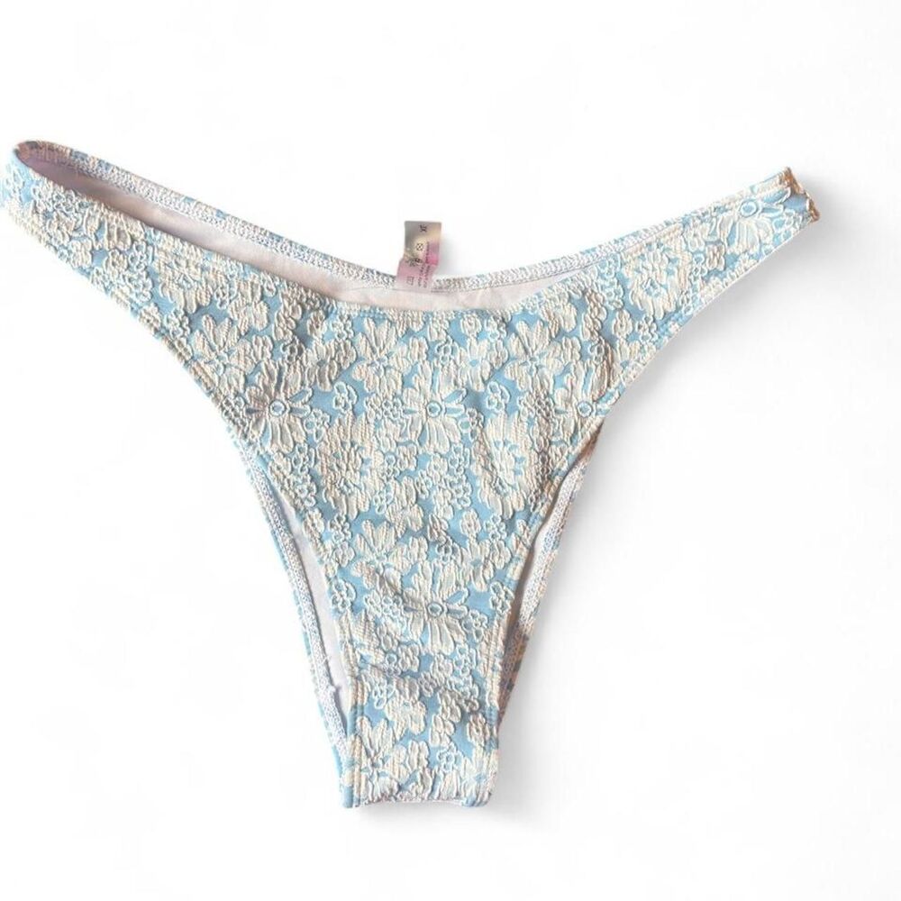Blue White Floral Lace Bikini Bottoms Women's XL High Cut Swimwear